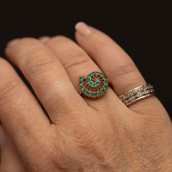 Vintage Spiral Emerald Cluster Ring in 10k Gold – Retro Mid-Century Cocktail Sta - Picture 2 of 12